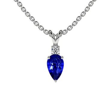 Lab Grown Blue Sapphire Pear 14 KT White Gold Pendant with Round Diamond