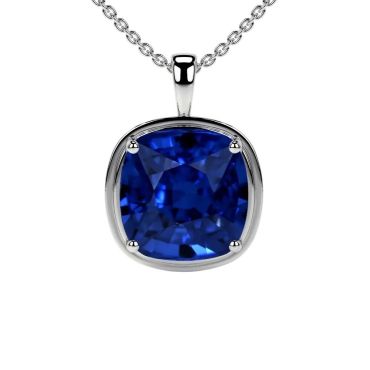 Cushion Lab Grown Blue Sapphire Solitaire 14 KT White Gold Pendant