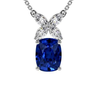 Cushion Lab Grown Blue Sapphire Marquise Shape Diamonds 14 KT White Gold Pendant
