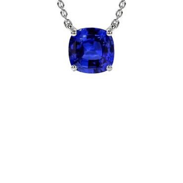 Lab Grown Blue Sapphire Square Cushion Classic Solitaire 14 KT White Gold Pendant