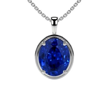 Oval Lab Grown Blue Sapphire Solitaire 14 KT White Gold Pendant