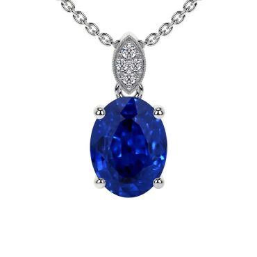 Oval Lab Grown Blue Sapphire Round Diamonds 14 KT White Gold Pendant