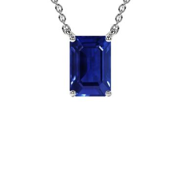 Lab Grown Blue Sapphire Emerald Cut Classic Solitaire 14 KT White Gold Pendant