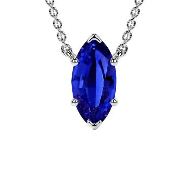 Lab Grown Blue Sapphire Marquise Classic Solitaire 14 KT White Gold Pendant