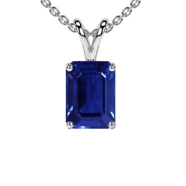 Lab Grown Blue Sapphire Emerald Cut Solitaire 14 KT White Gold Pendant