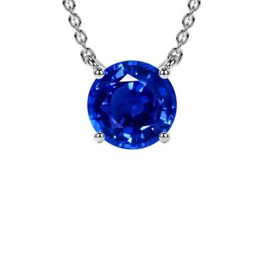 Lab Grown Blue Sapphire Round Classic Solitaire 14 KT White Gold Pendant