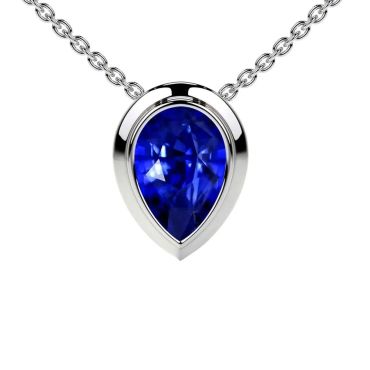 Lab Grown Blue Sapphire Pear Solitaire Bezel 14 KT White Gold Pendant