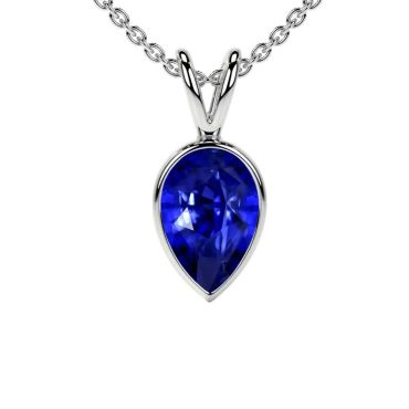 Lab Grown Blue Sapphire Pear Solitaire Classic Bezel 14 KT White Gold Pendant