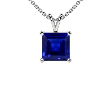 Lab Grown Blue Sapphire Square Solitaire 14 KT White Gold Pendant