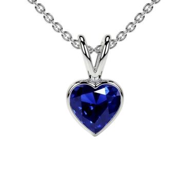 Lab Grown Blue Sapphire Heart Solitaire Classic Bezel 14 KT White Gold Pendant