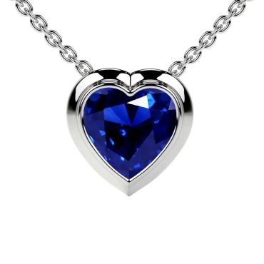 Lab Grown Blue Sapphire Heart Solitaire Bezel 14 KT White Gold Pendant