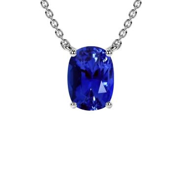Lab Grown Blue Sapphire Elongated Cushion Classic Solitaire 14 KT White Gold Pendant