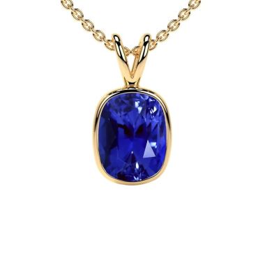 Lab Grown Blue Sapphire Elongated Cushion Solitaire Classic Bezel 14 KT Yellow Gold Pendant