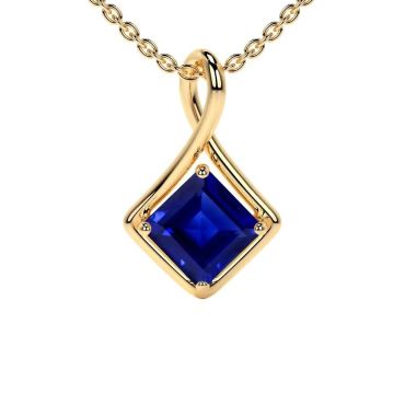 Lab Grown Blue Sapphire Square Solitaire Twist 14 KT Yellow Gold Pendant