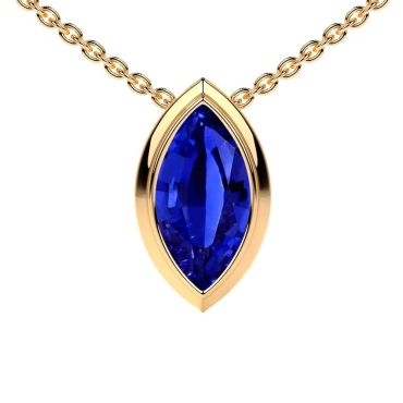 Lab Grown Blue Sapphire Marquise Solitaire Bezel 14 KT Yellow Gold Pendant