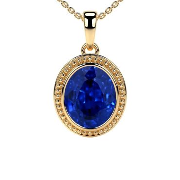 Lab Grown Blue Sapphire Bezel Set Solitaire 14 KT Yellow Gold Pendant