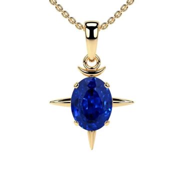 Lab Grown Oval Blue Sapphire Solitaire 14 KT Yellow Gold Pendant