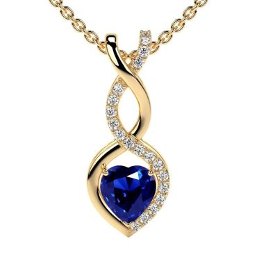 Lab Grown Blue Sapphire Heart 14 KT Yellow Gold Pendant with Round Diamonds