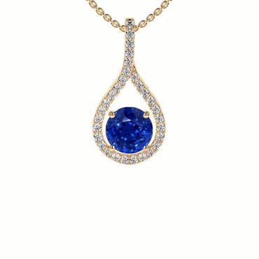 Lab Grown Round Blue Sapphire Round Diamonds 14 KT Yellow Gold Pendant