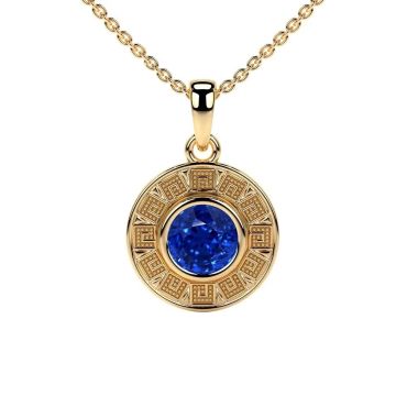 Lab Grown Blue Sapphire Astrological Bezel Set 14 KT Yellow Gold Pendant