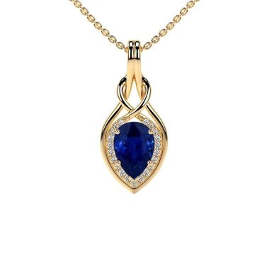 Lab Grown Pear Blue Sapphire Round Diamonds 14 KT Yellow Gold Pendant