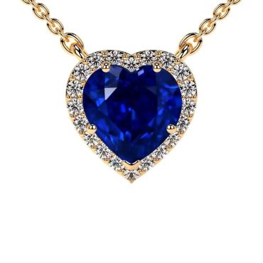 Lab Grown Heart Blue Sapphire Round Diamonds 14 KT Yellow Gold Pendant
