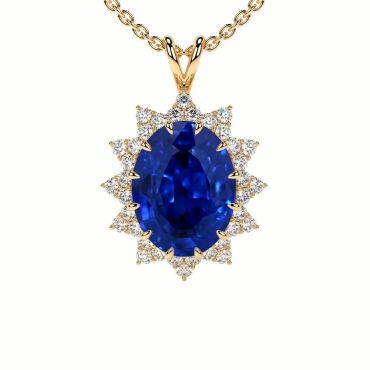 Lab Grown Oval Shape Blue Sapphire Prong Set Round Diamonds 14 KT Yellow Gold Pendant