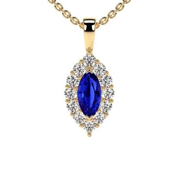 Lab Grown Blue Sapphire Marquise Halo 14 KT Yellow Gold Pendant