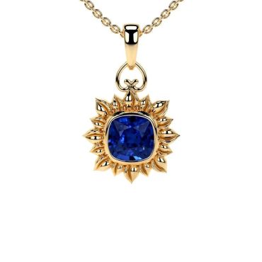 Lab Grown Cushion Blue Sapphire Solitaire 14 KT Yellow Gold Pendant