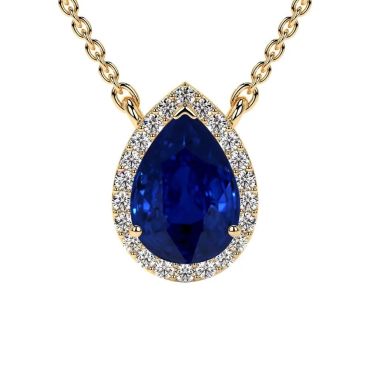 Lab Grown Pear Shape Blue Sapphire Round Diamonds 14 KT Yellow Gold Pendant
