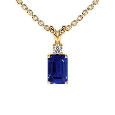 Lab Grown Blue Sapphire Emerald Cut 14 KT Yellow Gold Pendant with Round Diamond