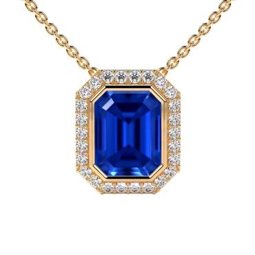 Lab Grown Emerald Cut Blue Sapphire Round Diamonds 14 KT Yellow Gold Pendant