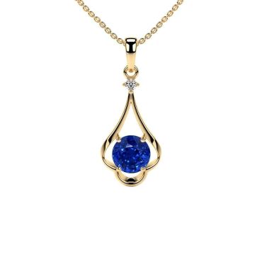 Lab Grown Blue Sapphire Round Diamond 14 KT Yellow Gold Pendant