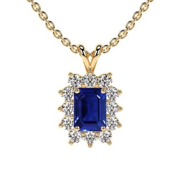 Lab Grown Blue Sapphire Emerald Cut Halo Diana 14 KT Yellow Gold Pendant