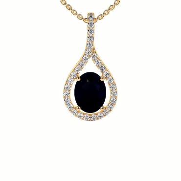 Oval Lab Grown Blue Sapphire Round Diamonds 14 KT Yellow Gold Pendant