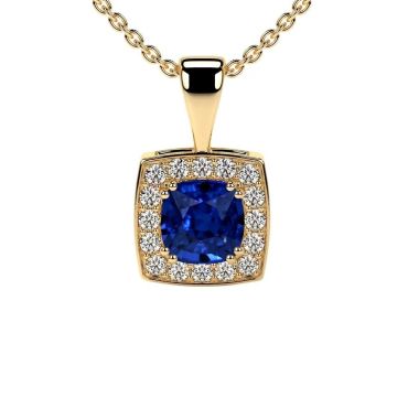 Lab Grown Blue Sapphire Square Cushion Cut 14 KT Yellow Gold Pendant With Round Diamonds