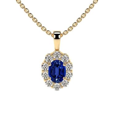 Lab Grown Blue Sapphire Oval Cut Halo 14 KT Yellow Gold Pendant