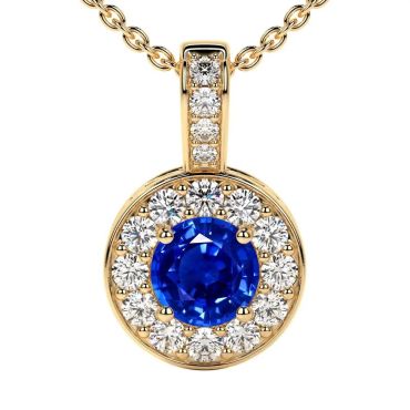 Lab Grown Blue Sapphire Round Classic Halo 14 KT Yellow Gold Pendant