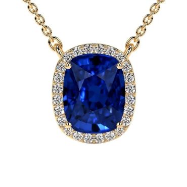 Cushion Lab Grown Blue Sapphire Round Diamonds 14 KT Yellow Gold Pendant