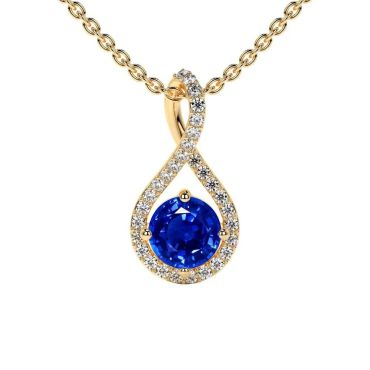 Lab Grown Blue Sapphire Round Twist 14 KT Yellow Gold Pendant with Diamonds