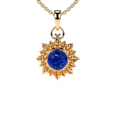 Round Lab Grown Blue Sapphire Solitaire 14 KT Yellow Gold Pendant