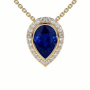 Lab Grown Blue Pear Sapphire Round Diamonds 14 KT Yellow Gold Pendant