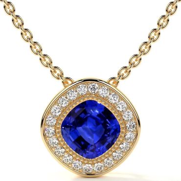 Lab Grown Blue Sapphire Square Cushion Halo Bezel 14 KT Yellow Gold Pendant