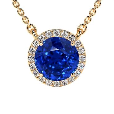 Lab Grown Blue Round Sapphire Round Diamonds 14 KT Yellow Gold Pendant