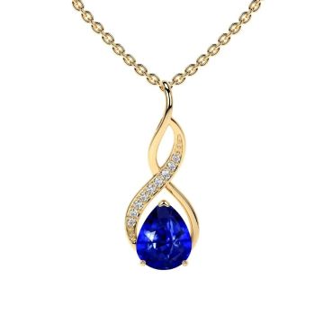 Lab Grown Blue Sapphire Pear 14 KT Yellow Gold Pendant with Round Diamonds