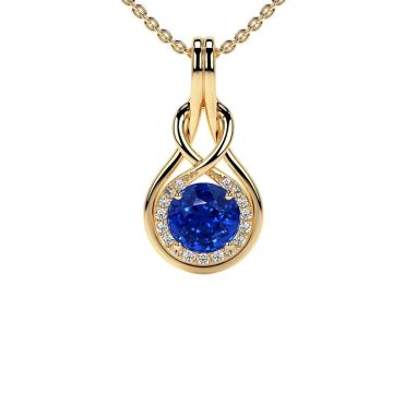Lab Grown Round Shape Blue Sapphire Round Diamonds 14 KT Yellow Gold Pendant