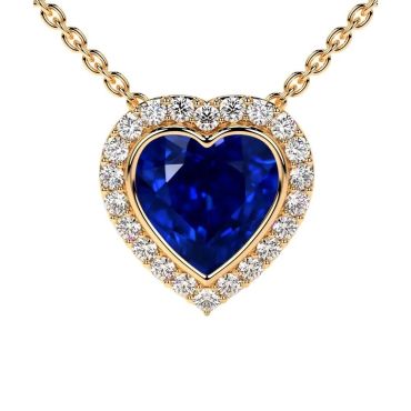 Lab Grown Blue Heart Sapphire Round Diamonds 14 KT Yellow Gold Pendant
