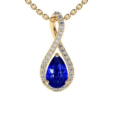 Lab Grown Blue Sapphire Pear Twist 14 KT Yellow Gold Pendant with Diamonds