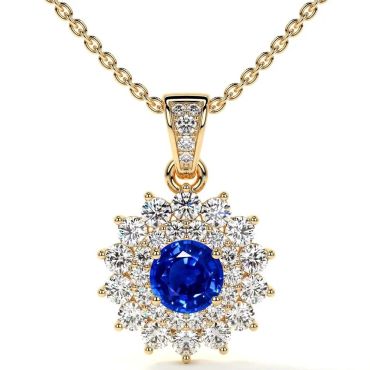 Lab Grown Blue Sapphire Round Starburst Halo 14 KT Yellow Gold Pendant