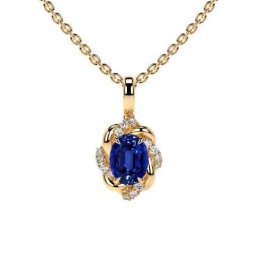 Lab Grown Blue Sapphire Oval Cut Flower 14 KT Yellow Gold Pendant